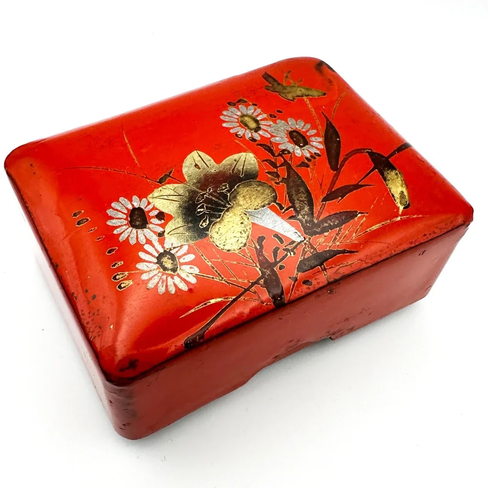 Vintage Red Lacquer‎ Trinket Box Floral Bird Oriental Design Gift Box Jewelry